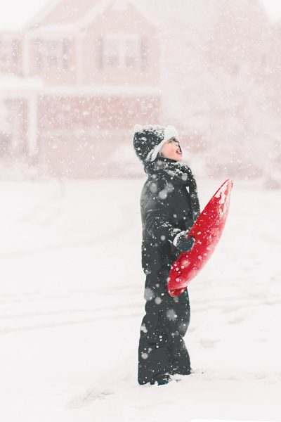 snow, sled, winter, sledding, boy, outdoor, snowflakes, nature, scene, weather, childhood